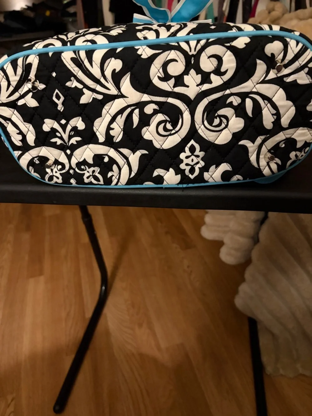 N. Gil Quilted Damask Mini Backpack with Blue Bow Detail